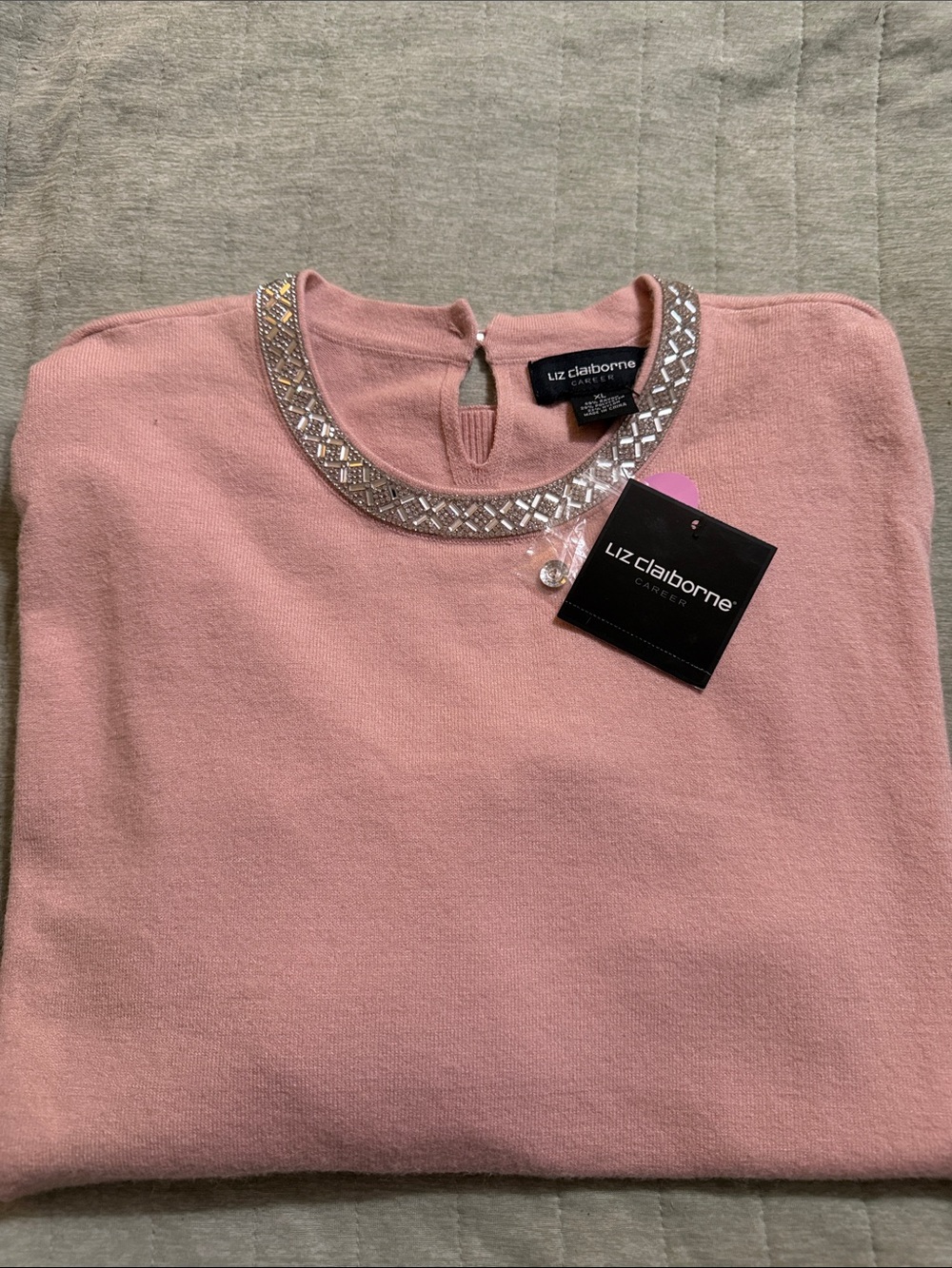 Liz Claiborne Pink Embellished Neck Knit Sweatshirt